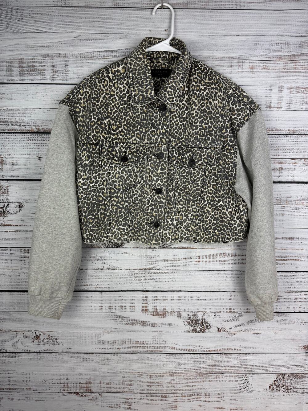AllSaints Anders Jacket Cheetah Denim Mixed Media Gray Sleeve XS/S Oversized